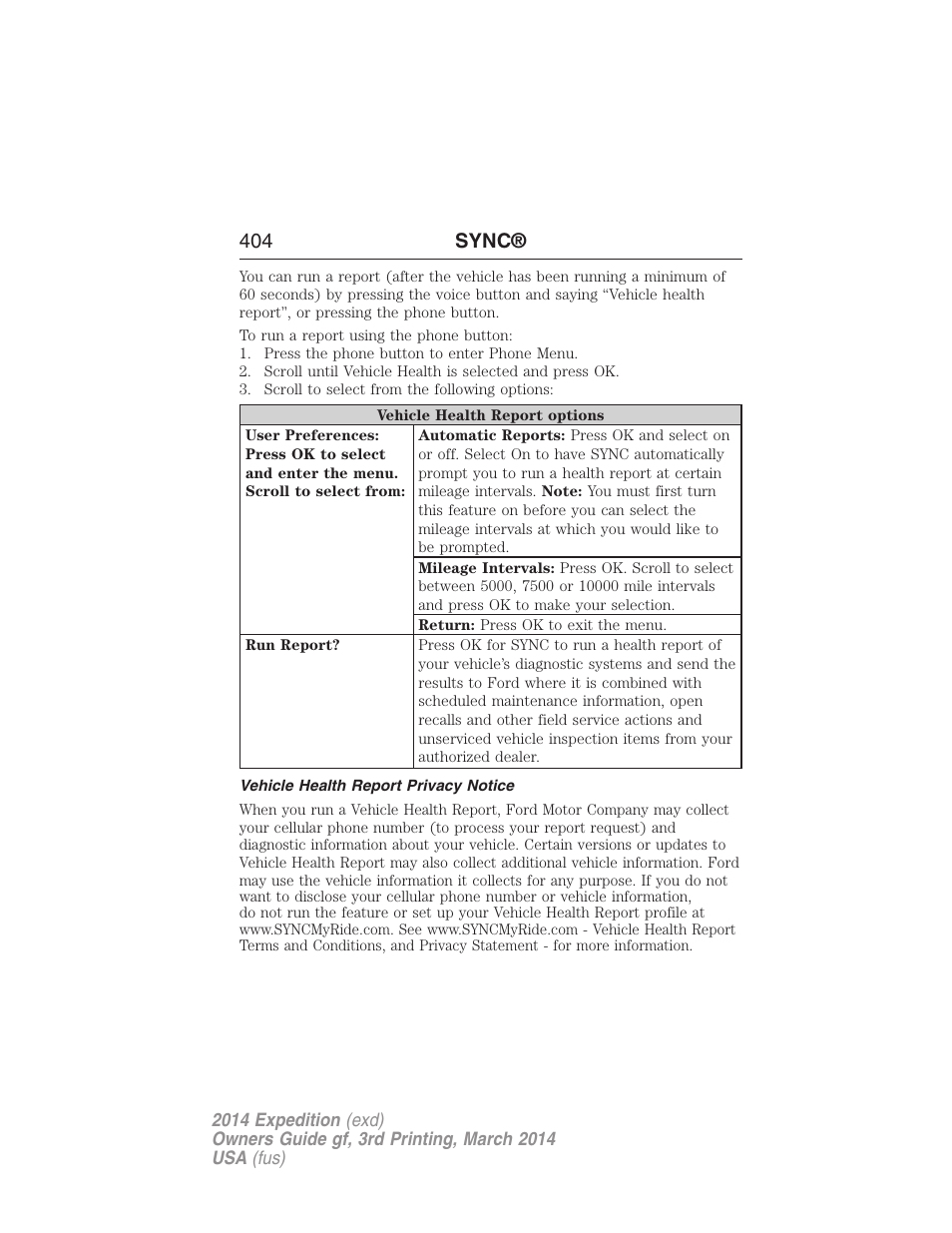 Vehicle health report privacy notice, 404 sync | FORD 2014 Expedition v.3 User Manual | Page 405 / 520