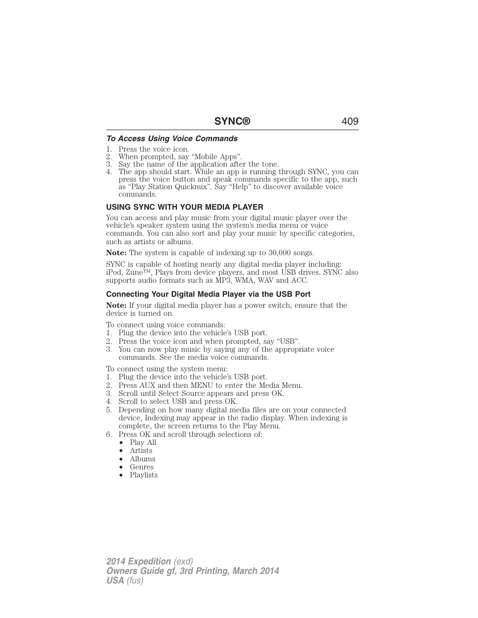 To access using voice commands, Using sync with your media player, Sync® 409 | FORD 2014 Expedition v.3 User Manual | Page 410 / 520