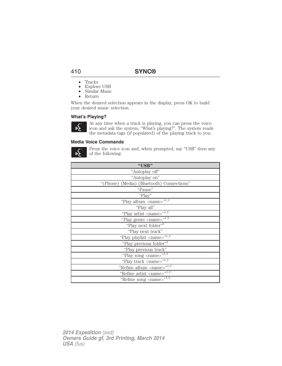 What’s playing, Media voice commands, 410 sync | FORD 2014 Expedition v.3 User Manual | Page 411 / 520