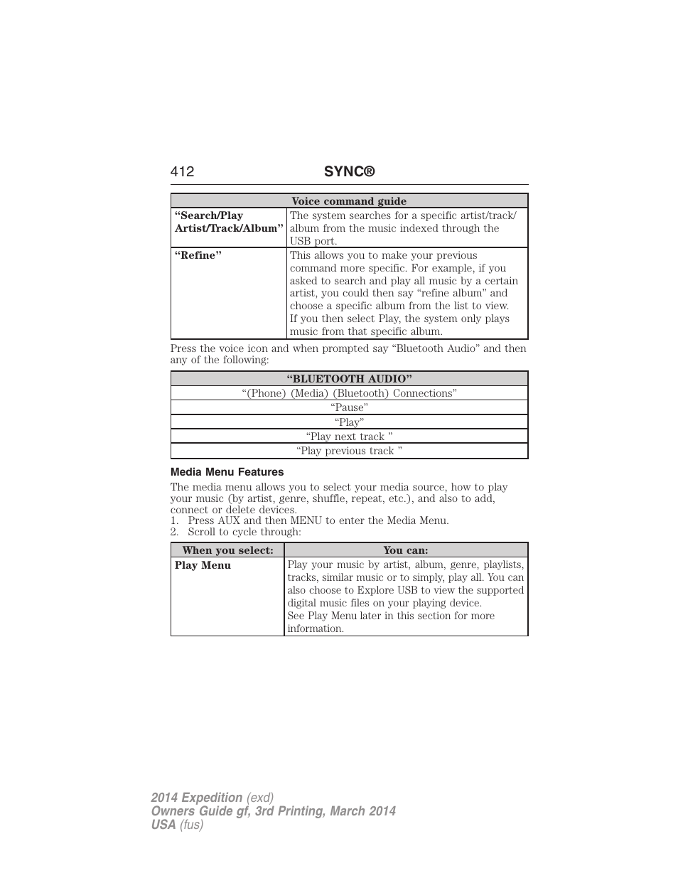 Media menu features, 412 sync | FORD 2014 Expedition v.3 User Manual | Page 413 / 520