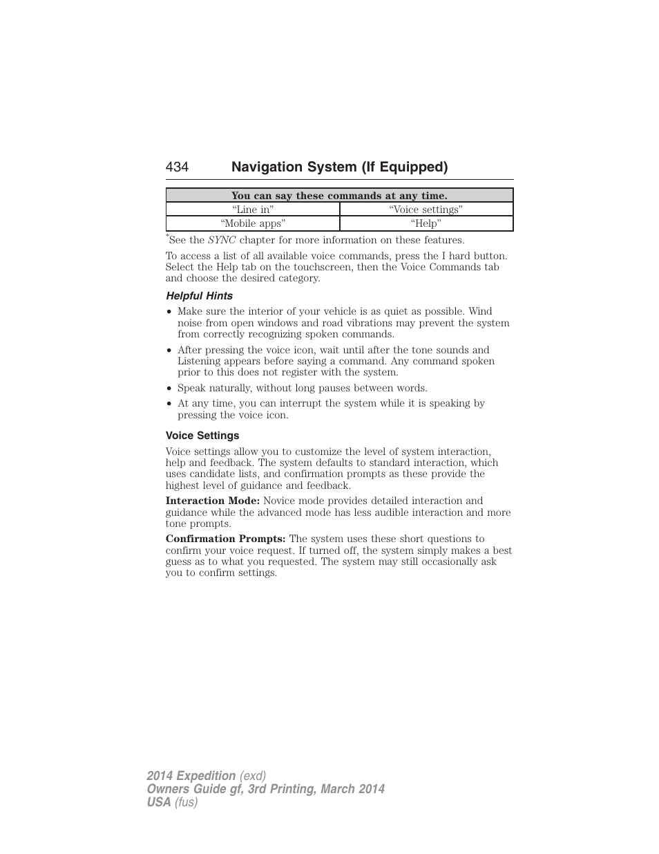 Helpful hints, Voice settings, 434 navigation system (if equipped) | FORD 2014 Expedition v.3 User Manual | Page 435 / 520