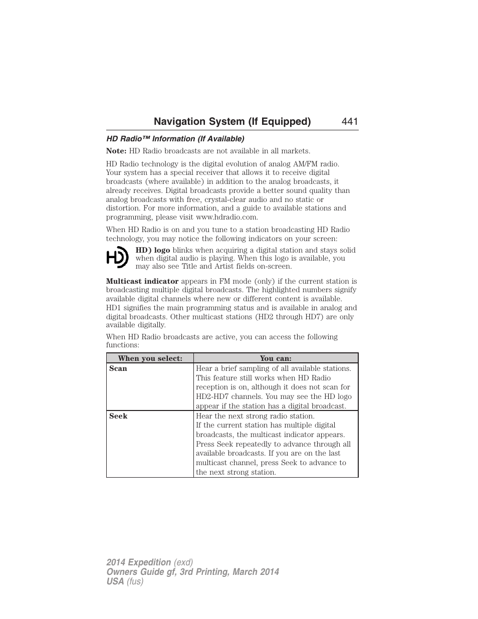 Hd radio™ information (if available), Navigation system (if equipped) 441 | FORD 2014 Expedition v.3 User Manual | Page 442 / 520