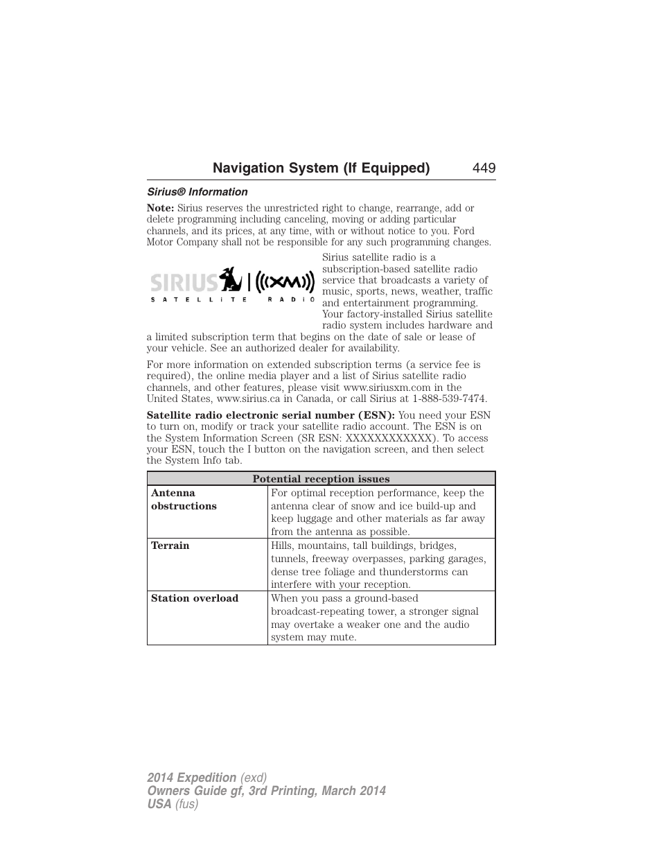 Sirius® information, Navigation system (if equipped) 449 | FORD 2014 Expedition v.3 User Manual | Page 450 / 520