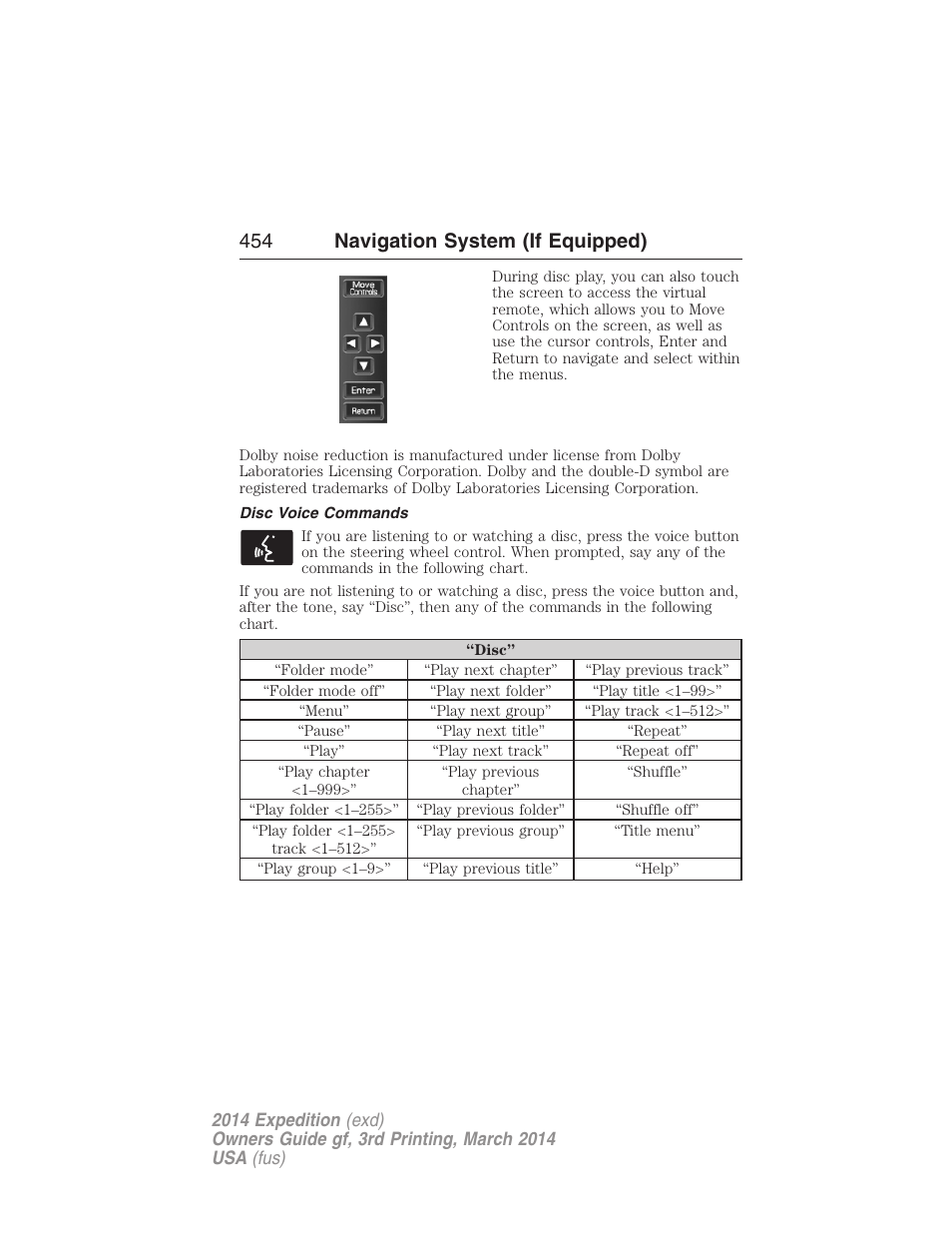 Disc voice commands, 454 navigation system (if equipped) | FORD 2014 Expedition v.3 User Manual | Page 455 / 520