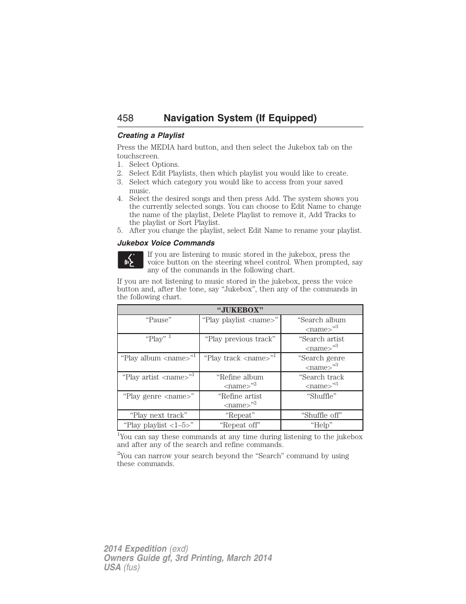 Creating a playlist, Jukebox voice commands, 458 navigation system (if equipped) | FORD 2014 Expedition v.3 User Manual | Page 459 / 520