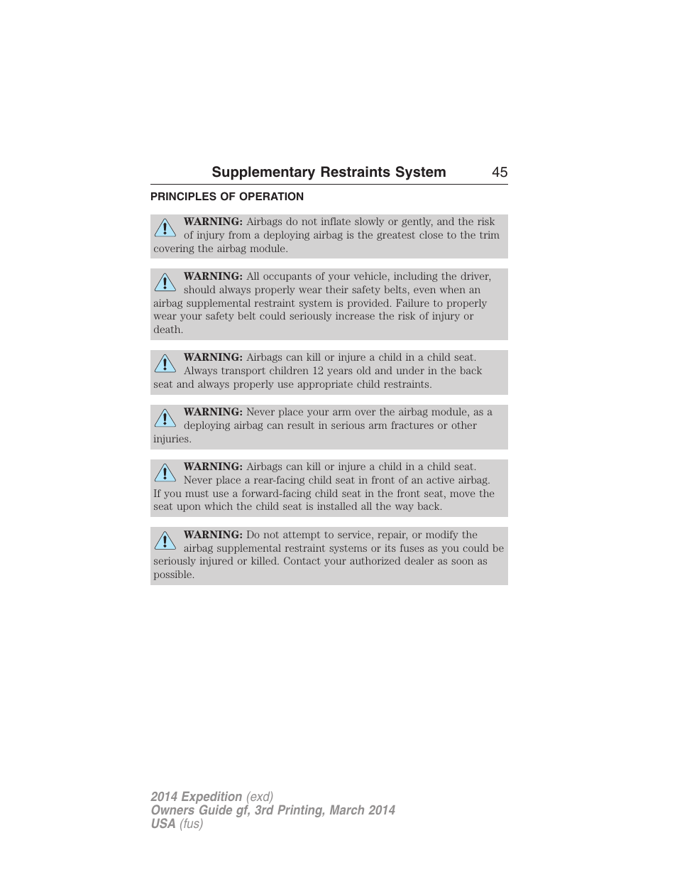 Supplementary restraints system, Principles of operation, Supplementary restraints system 45 | FORD 2014 Expedition v.3 User Manual | Page 46 / 520