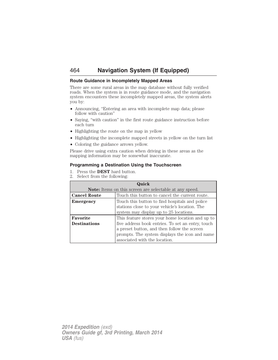 Route guidance in incompletely mapped areas, Programming a destination using the touchscreen, 464 navigation system (if equipped) | FORD 2014 Expedition v.3 User Manual | Page 465 / 520