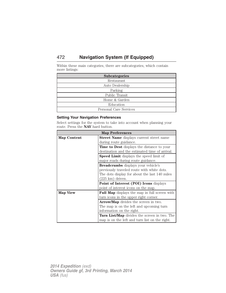 Setting your navigation preferences, 472 navigation system (if equipped) | FORD 2014 Expedition v.3 User Manual | Page 473 / 520