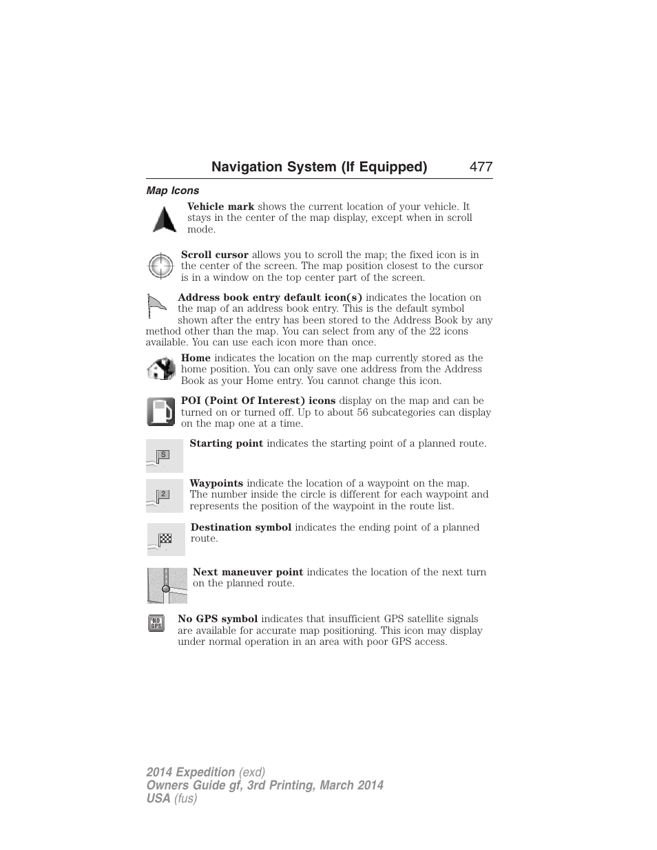 Map icons, Navigation system (if equipped) 477 | FORD 2014 Expedition v.3 User Manual | Page 478 / 520