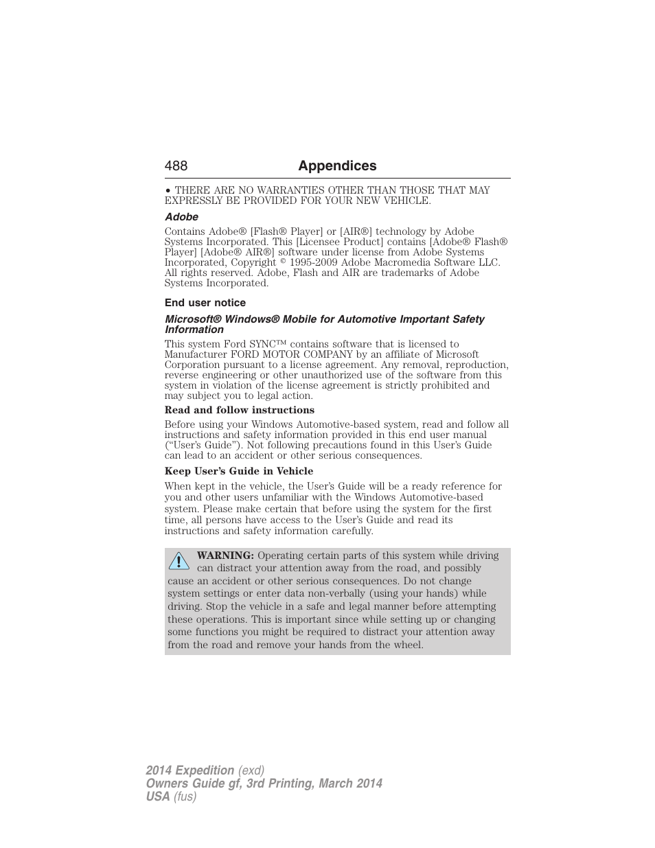 Adobe, End user notice, 488 appendices | FORD 2014 Expedition v.3 User Manual | Page 489 / 520