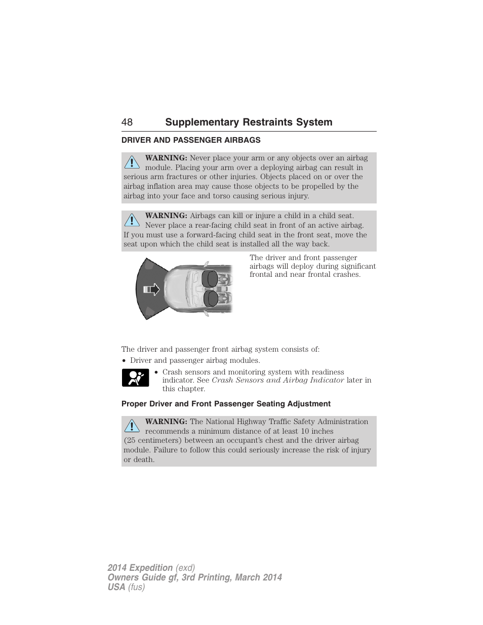 Driver and passenger airbags, 48 supplementary restraints system | FORD 2014 Expedition v.3 User Manual | Page 49 / 520