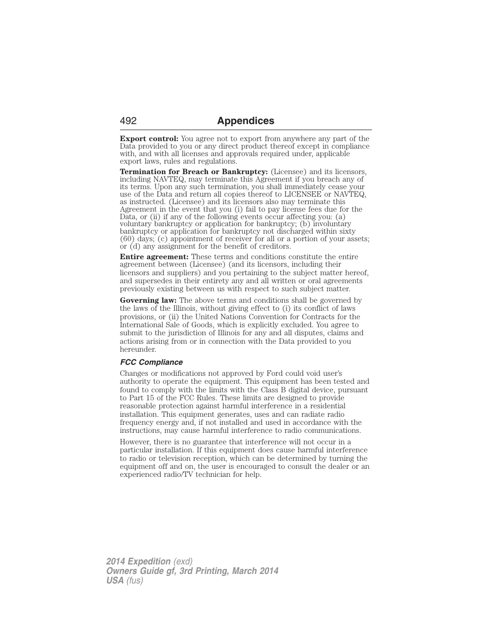 Fcc compliance, 492 appendices | FORD 2014 Expedition v.3 User Manual | Page 493 / 520
