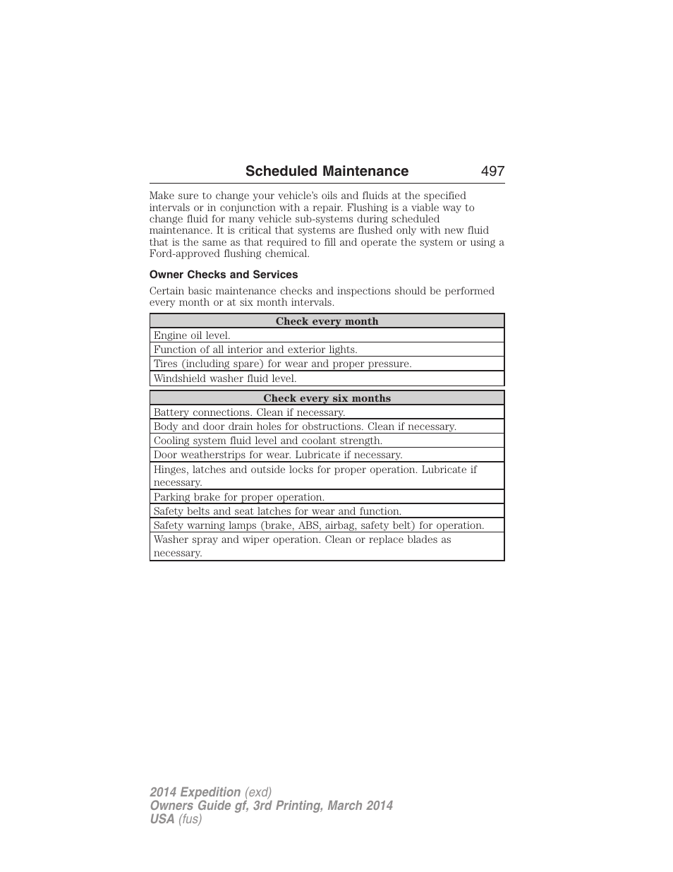 Owner checks and services, Scheduled maintenance 497 | FORD 2014 Expedition v.3 User Manual | Page 498 / 520