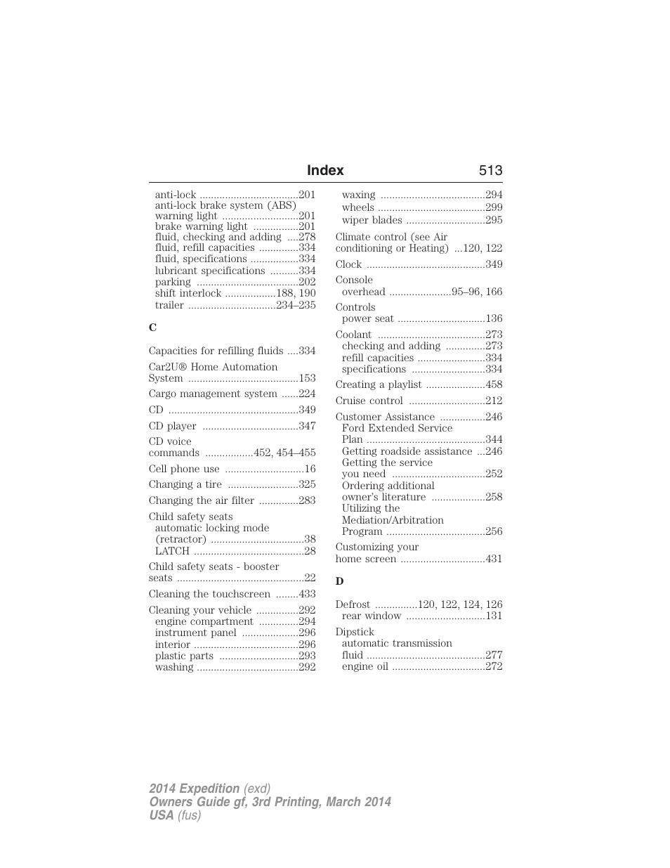 Index 513 | FORD 2014 Expedition v.3 User Manual | Page 514 / 520
