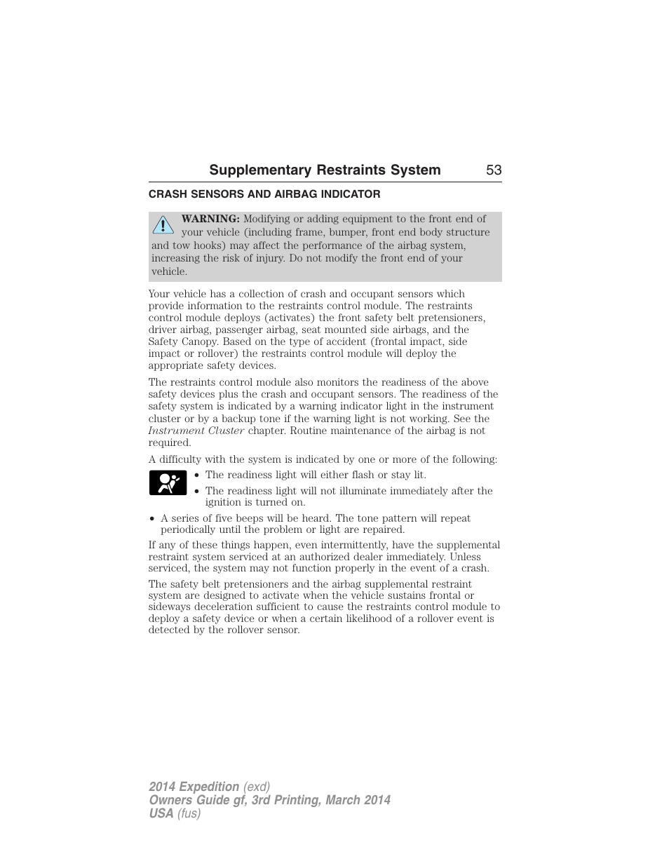 Crash sensors and airbag indicator, Supplementary restraints system 53 | FORD 2014 Expedition v.3 User Manual | Page 54 / 520