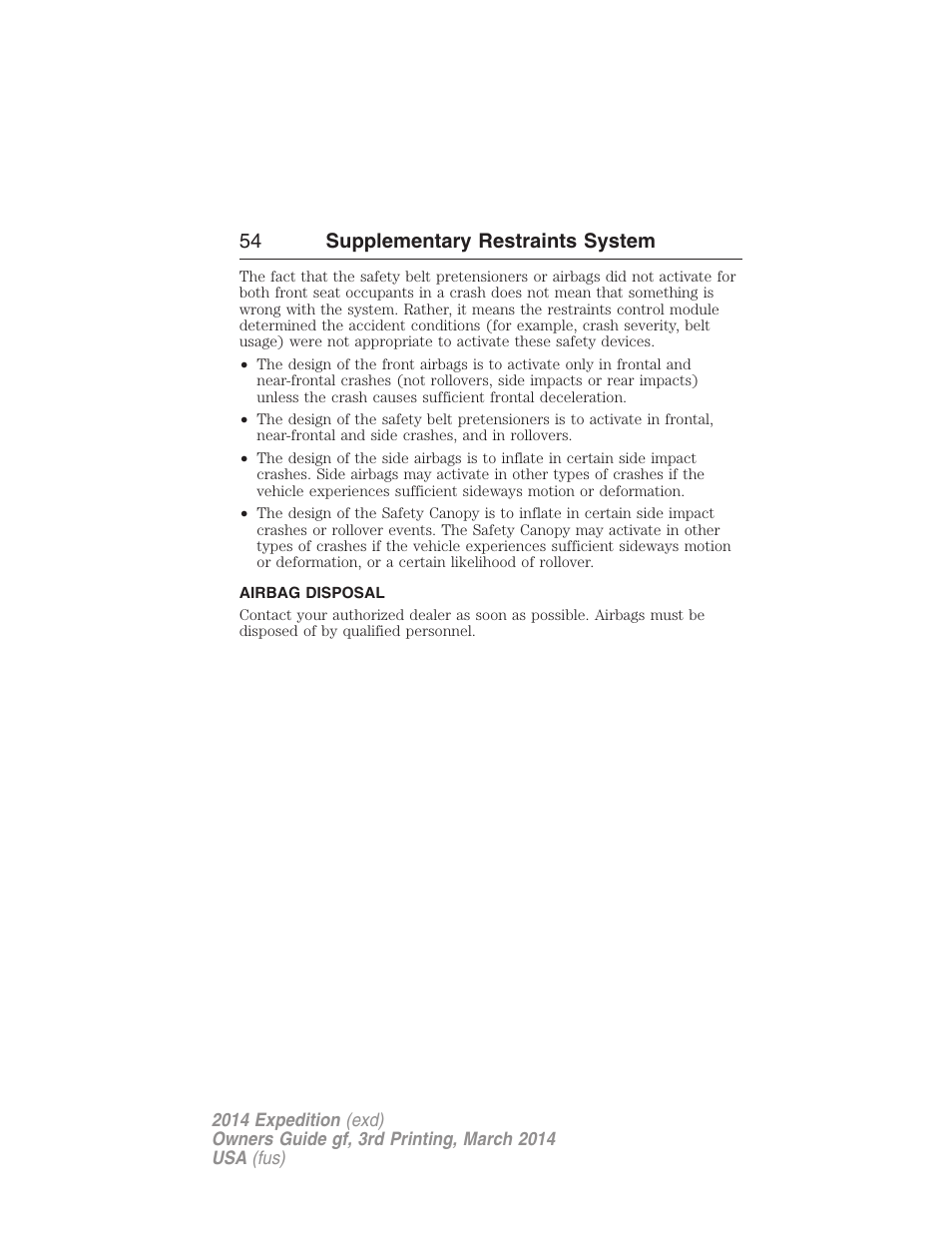 Airbag disposal, 54 supplementary restraints system | FORD 2014 Expedition v.3 User Manual | Page 55 / 520