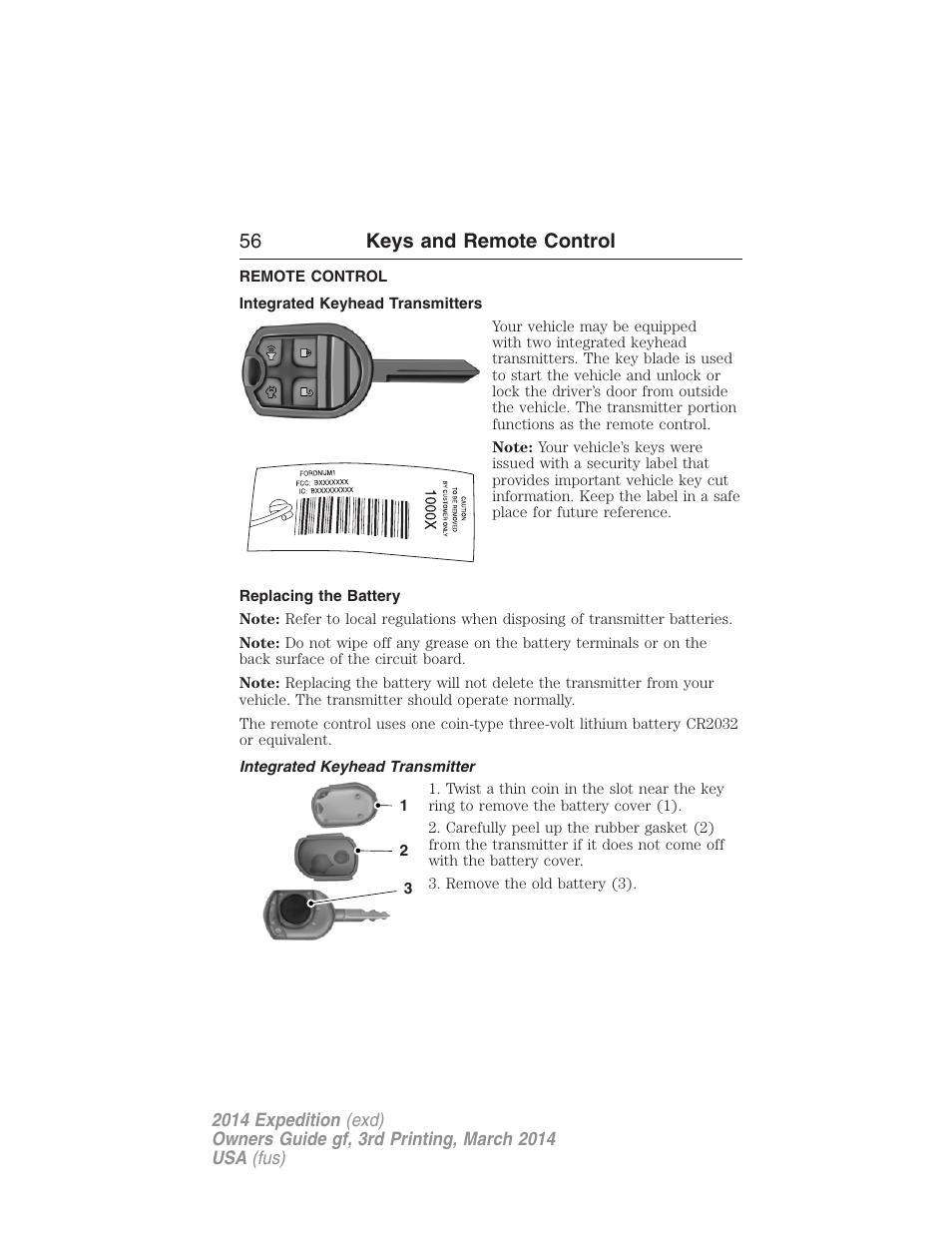 Remote control, Integrated keyhead transmitters, Replacing the battery | Integrated keyhead transmitter, Keys, 56 keys and remote control | FORD 2014 Expedition v.3 User Manual | Page 57 / 520