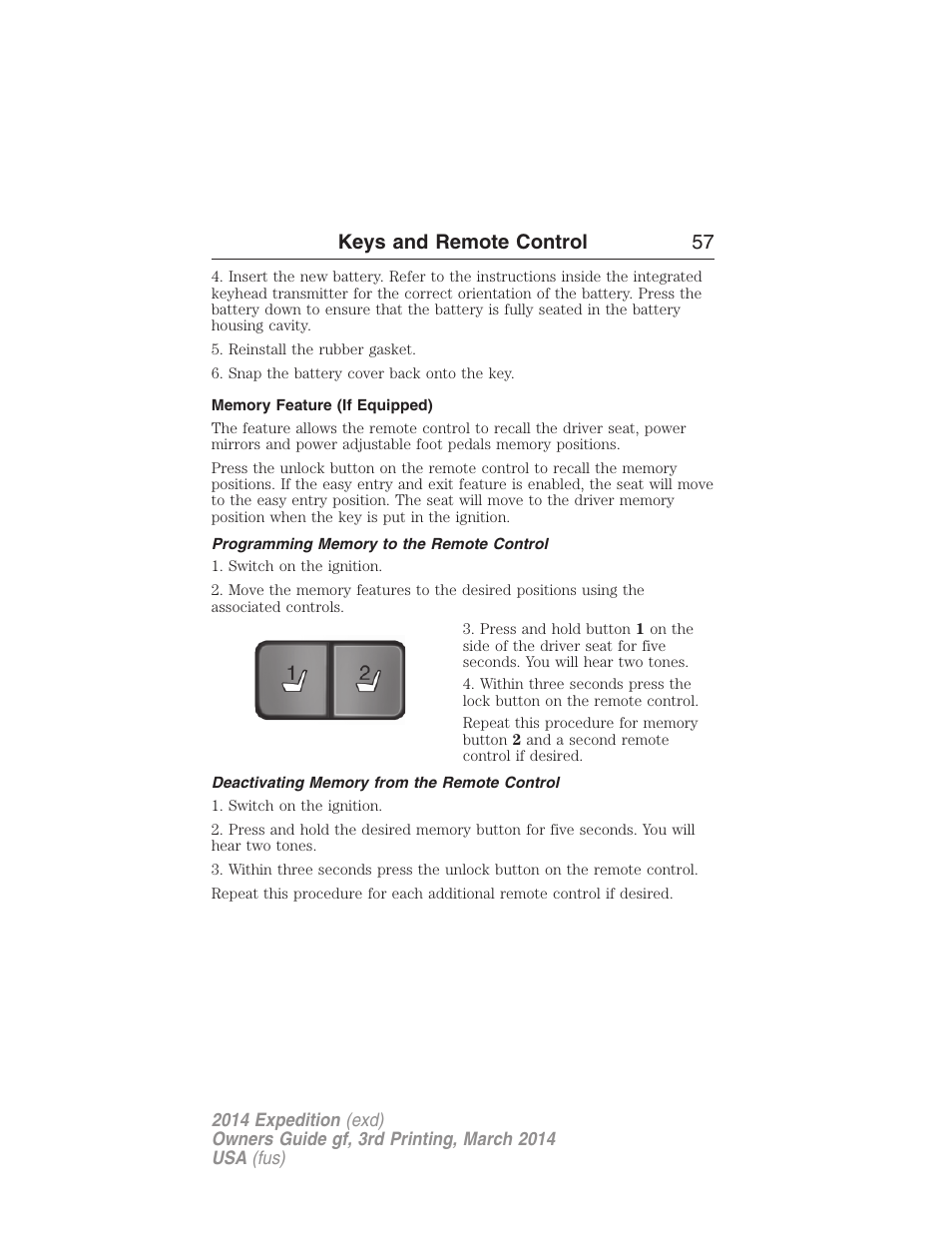 Memory feature (if equipped), Programming memory to the remote control, Deactivating memory from the remote control | 21 keys and remote control 57 | FORD 2014 Expedition v.3 User Manual | Page 58 / 520