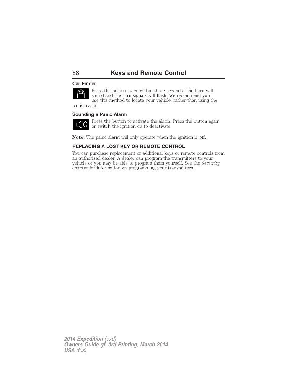 Car finder, Sounding a panic alarm, Replacing a lost key or remote control | 58 keys and remote control | FORD 2014 Expedition v.3 User Manual | Page 59 / 520