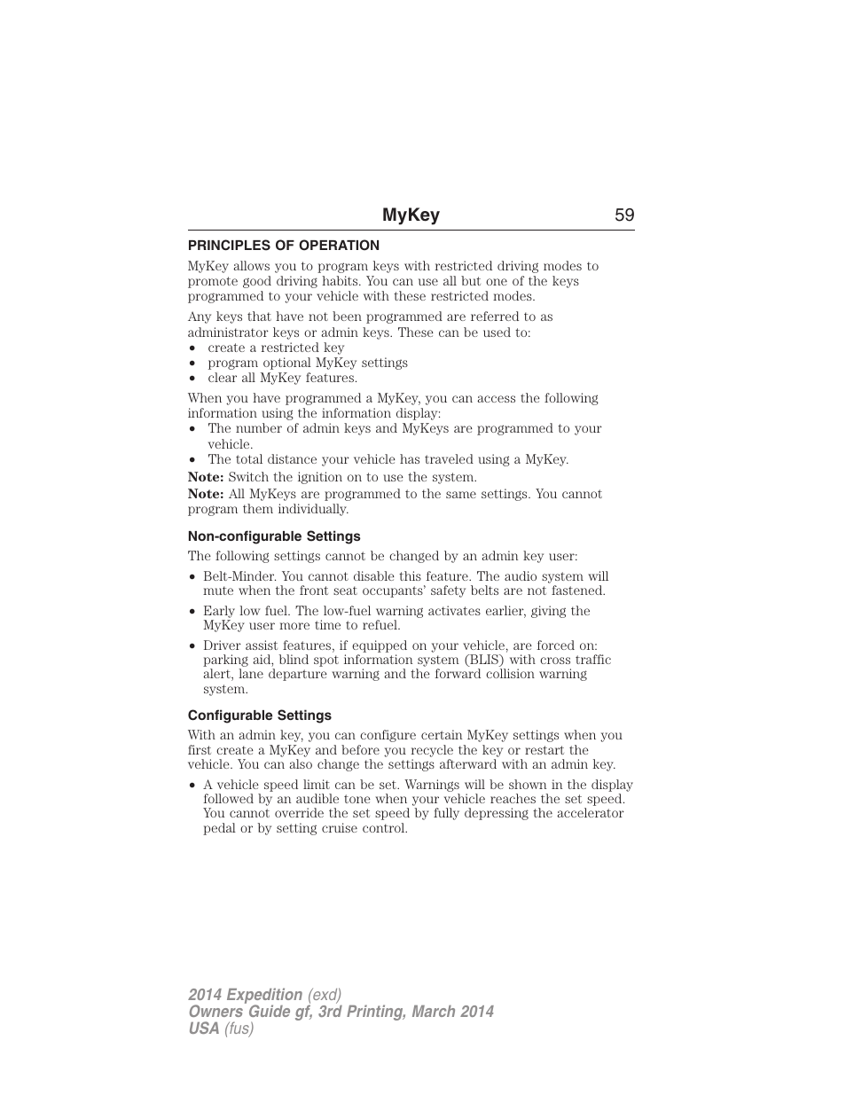 Mykey, Principles of operation, Non-configurable settings | Configurable settings, Settings, mykey, Mykey 59 | FORD 2014 Expedition v.3 User Manual | Page 60 / 520