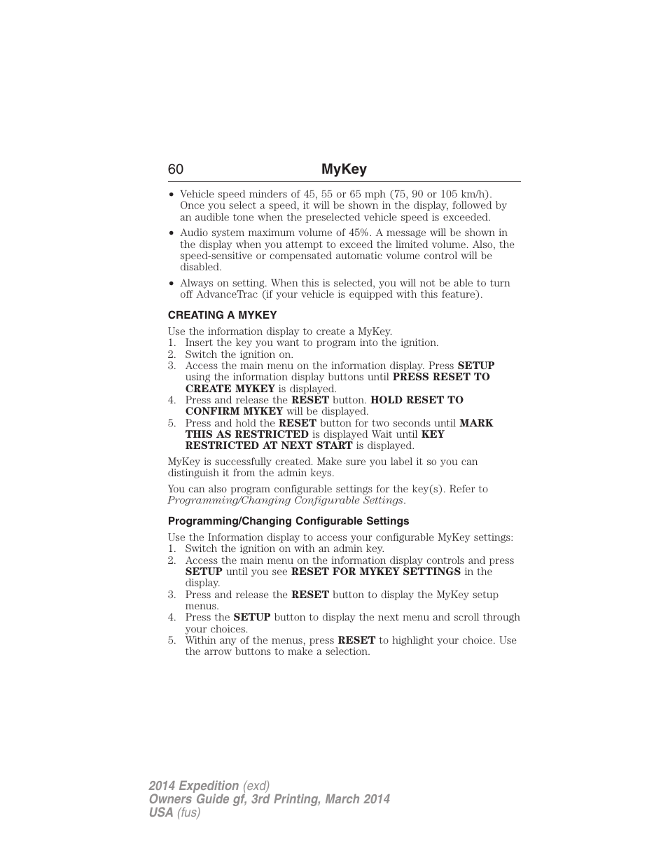 Creating a mykey, Programming/changing configurable settings, Creating | 60 mykey | FORD 2014 Expedition v.3 User Manual | Page 61 / 520