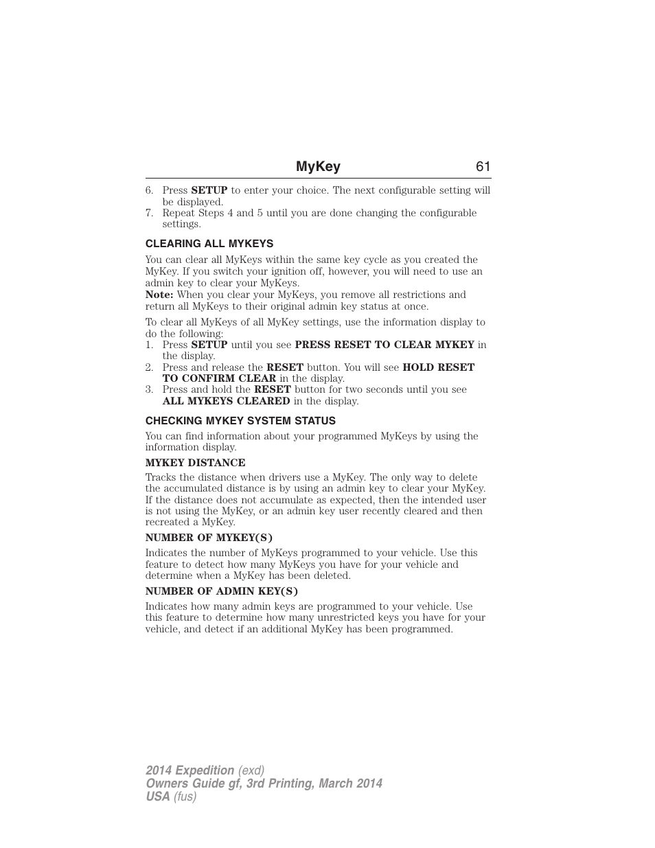 Clearing all mykeys, Checking mykey system status, Clearing | System status, Mykey 61 | FORD 2014 Expedition v.3 User Manual | Page 62 / 520