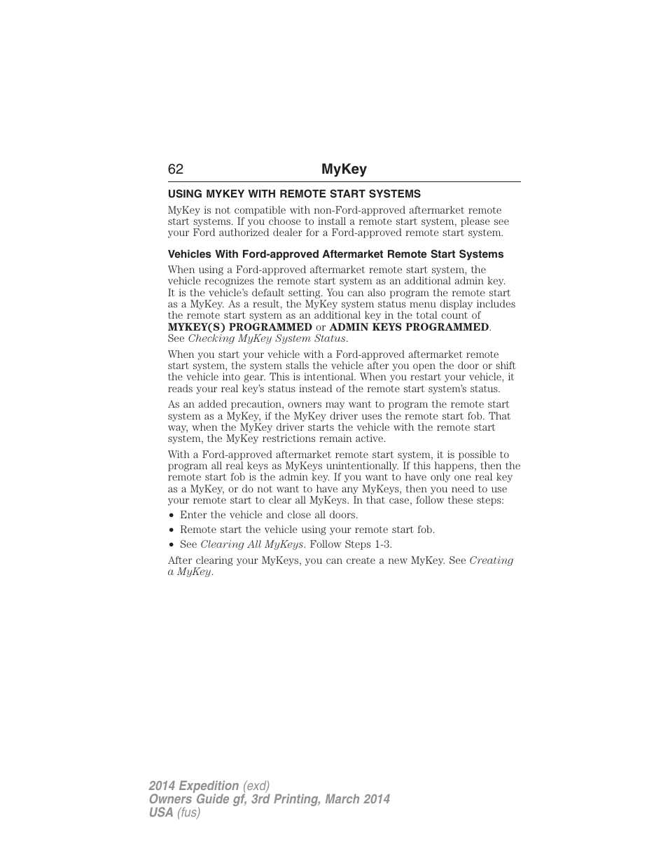 Using mykey with remote start systems, Remote start, mykey, 62 mykey | FORD 2014 Expedition v.3 User Manual | Page 63 / 520