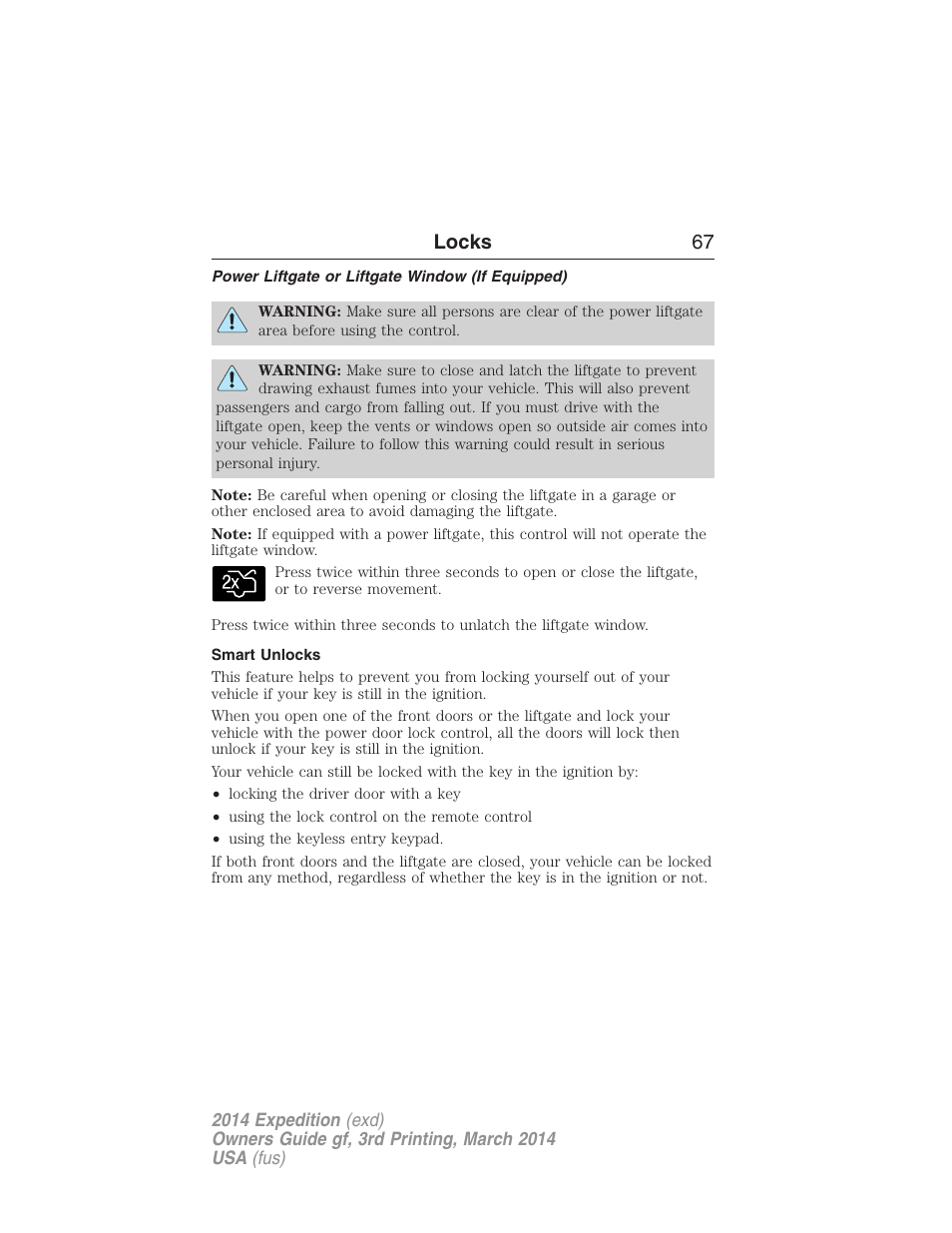 Power liftgate or liftgate window (if equipped), Smart unlocks, Locks 67 | FORD 2014 Expedition v.3 User Manual | Page 68 / 520