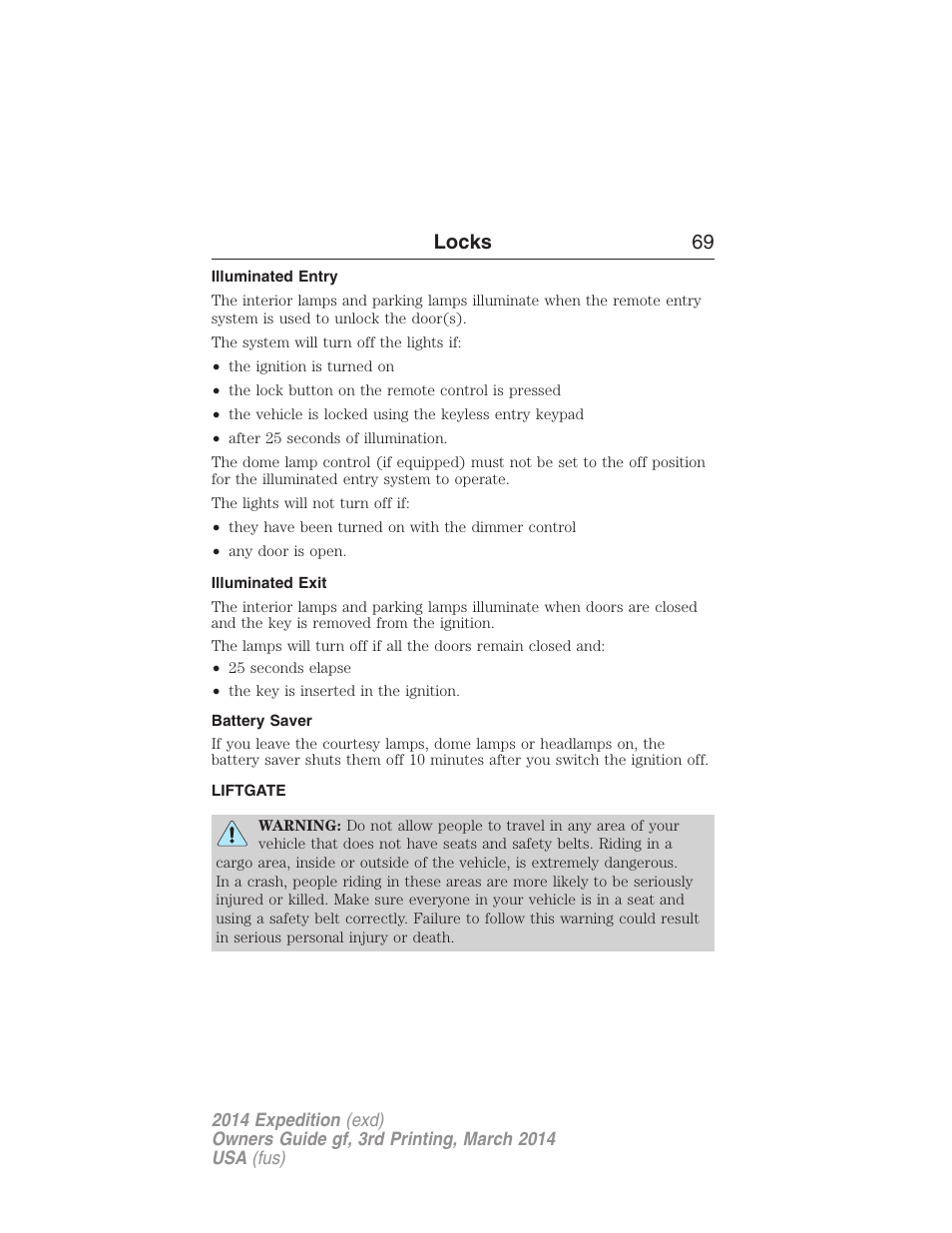 Illuminated entry, Illuminated exit, Battery saver | Liftgate, Locks 69 | FORD 2014 Expedition v.3 User Manual | Page 70 / 520