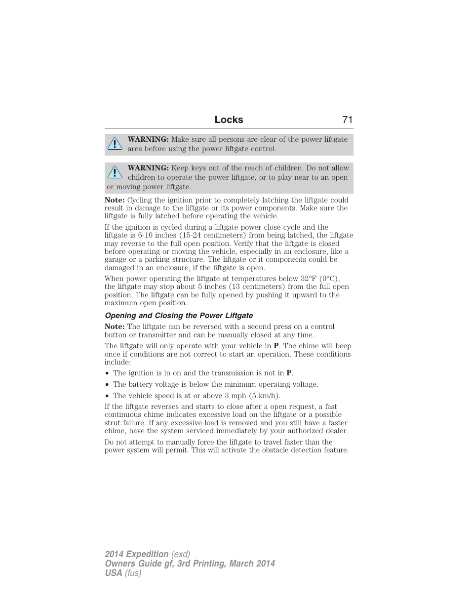 Opening and closing the power liftgate, Locks 71 | FORD 2014 Expedition v.3 User Manual | Page 72 / 520