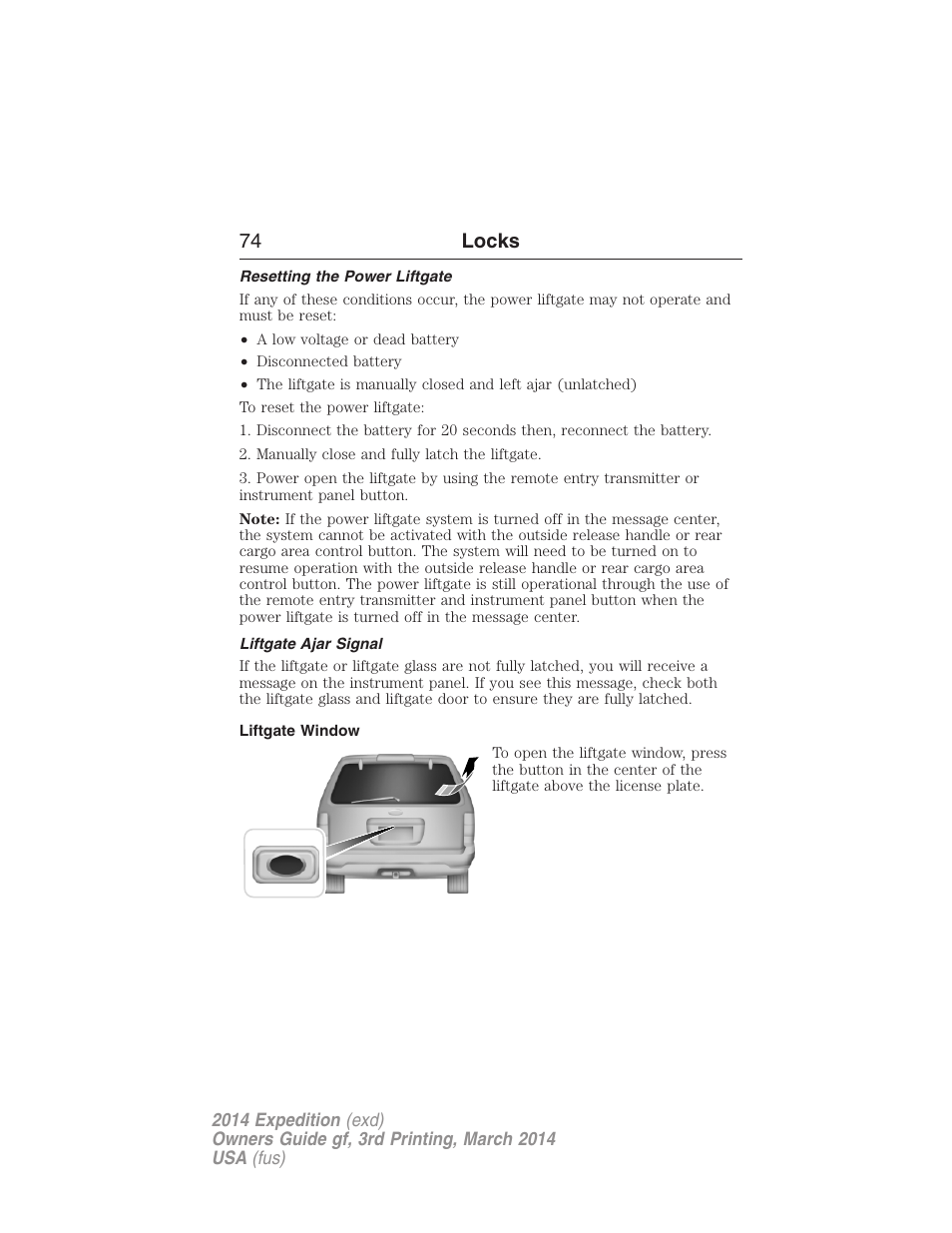 Resetting the power liftgate, Liftgate ajar signal, Liftgate window | 74 locks | FORD 2014 Expedition v.3 User Manual | Page 75 / 520