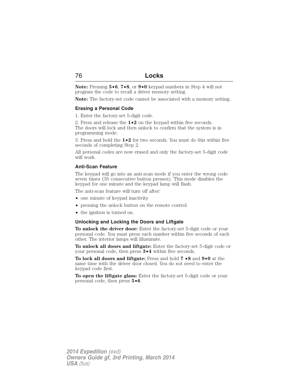 Erasing a personal code, Anti-scan feature, Unlocking and locking the doors and liftgate | 76 locks | FORD 2014 Expedition v.3 User Manual | Page 77 / 520