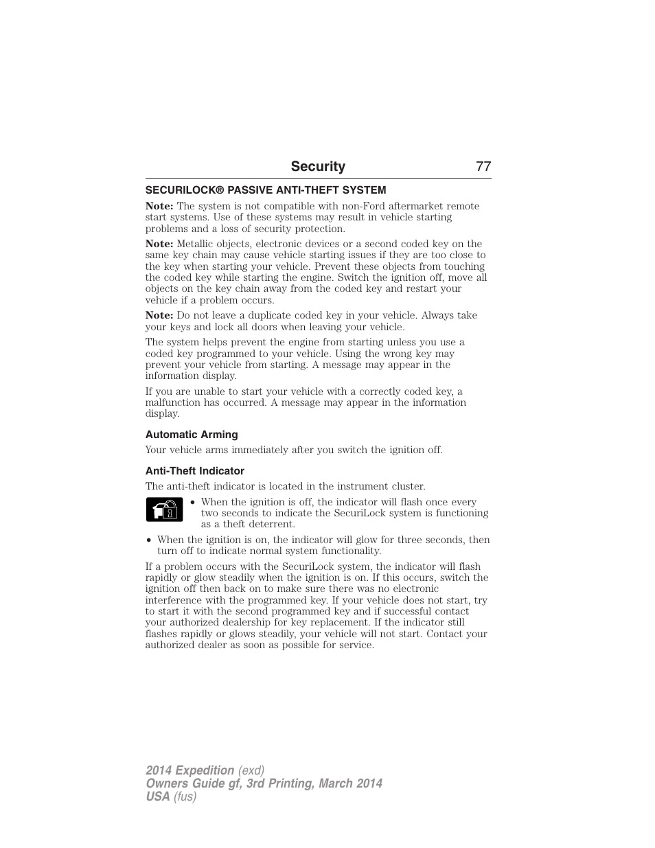 Security, Securilock® passive anti-theft system, Automatic arming | Anti-theft indicator, Security 77 | FORD 2014 Expedition v.3 User Manual | Page 78 / 520