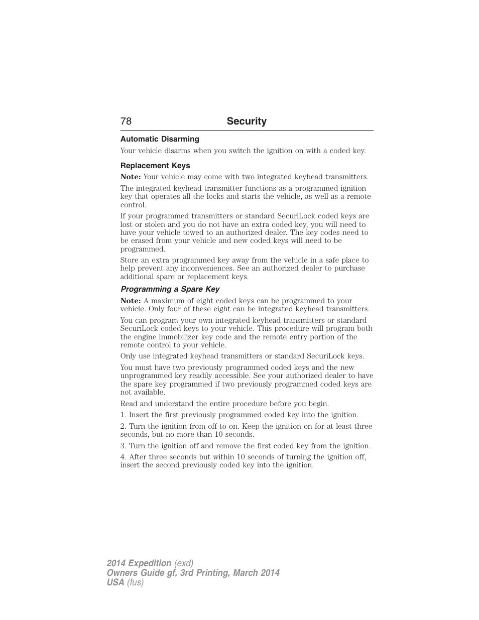 Automatic disarming, Replacement keys, Programming a spare key | 78 security | FORD 2014 Expedition v.3 User Manual | Page 79 / 520