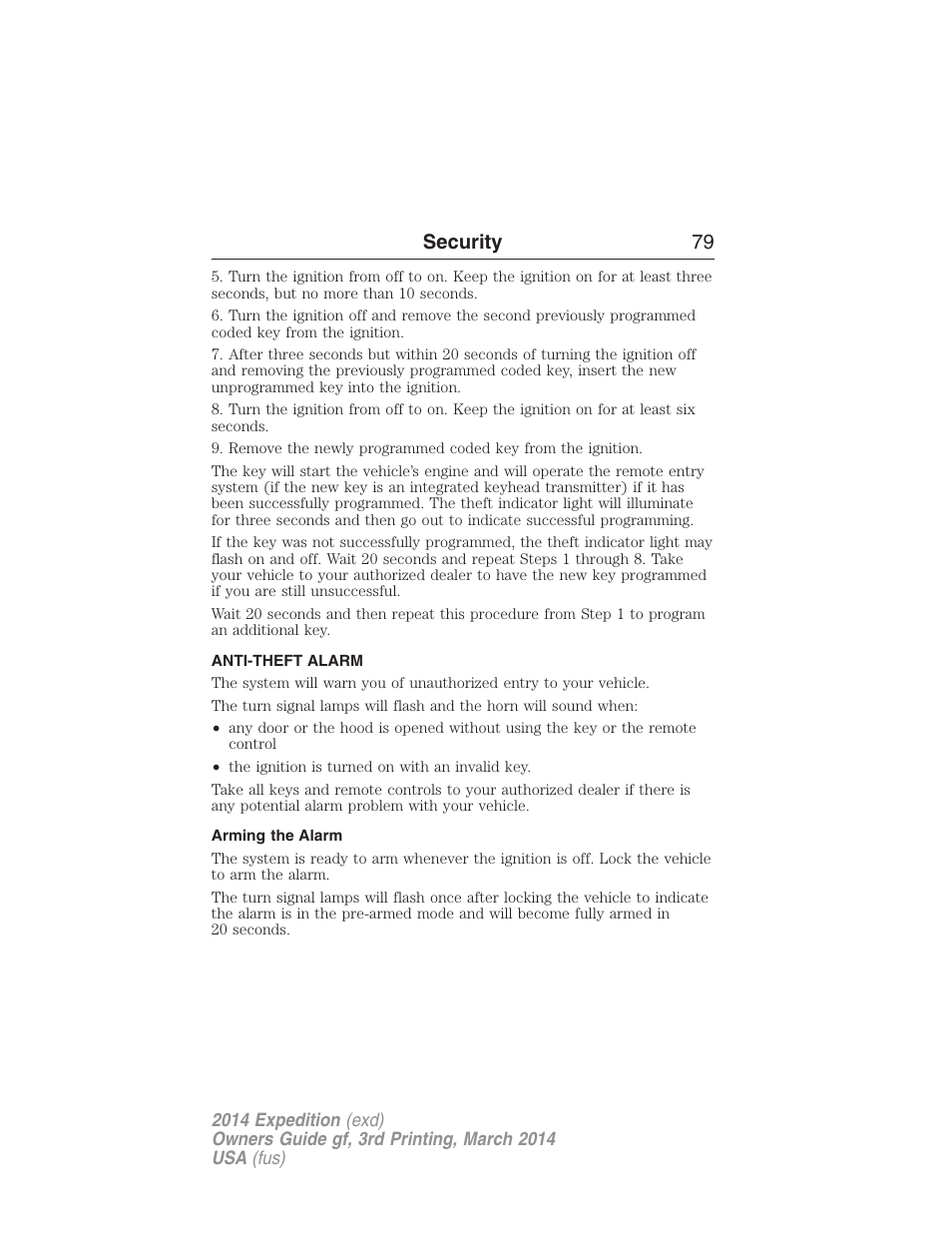 Anti-theft alarm, Arming the alarm, Security 79 | FORD 2014 Expedition v.3 User Manual | Page 80 / 520