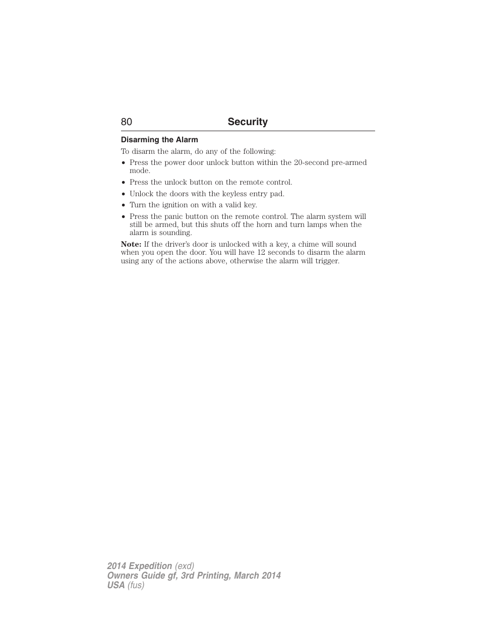 Disarming the alarm, 80 security | FORD 2014 Expedition v.3 User Manual | Page 81 / 520