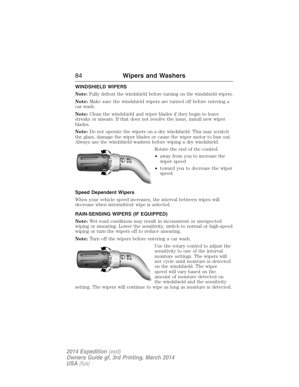 Wipers and washers, Windshield wipers, Speed dependent wipers | Rain-sensing wipers (if equipped), Rain-sensing wipers, 84 wipers and washers | FORD 2014 Expedition v.3 User Manual | Page 85 / 520