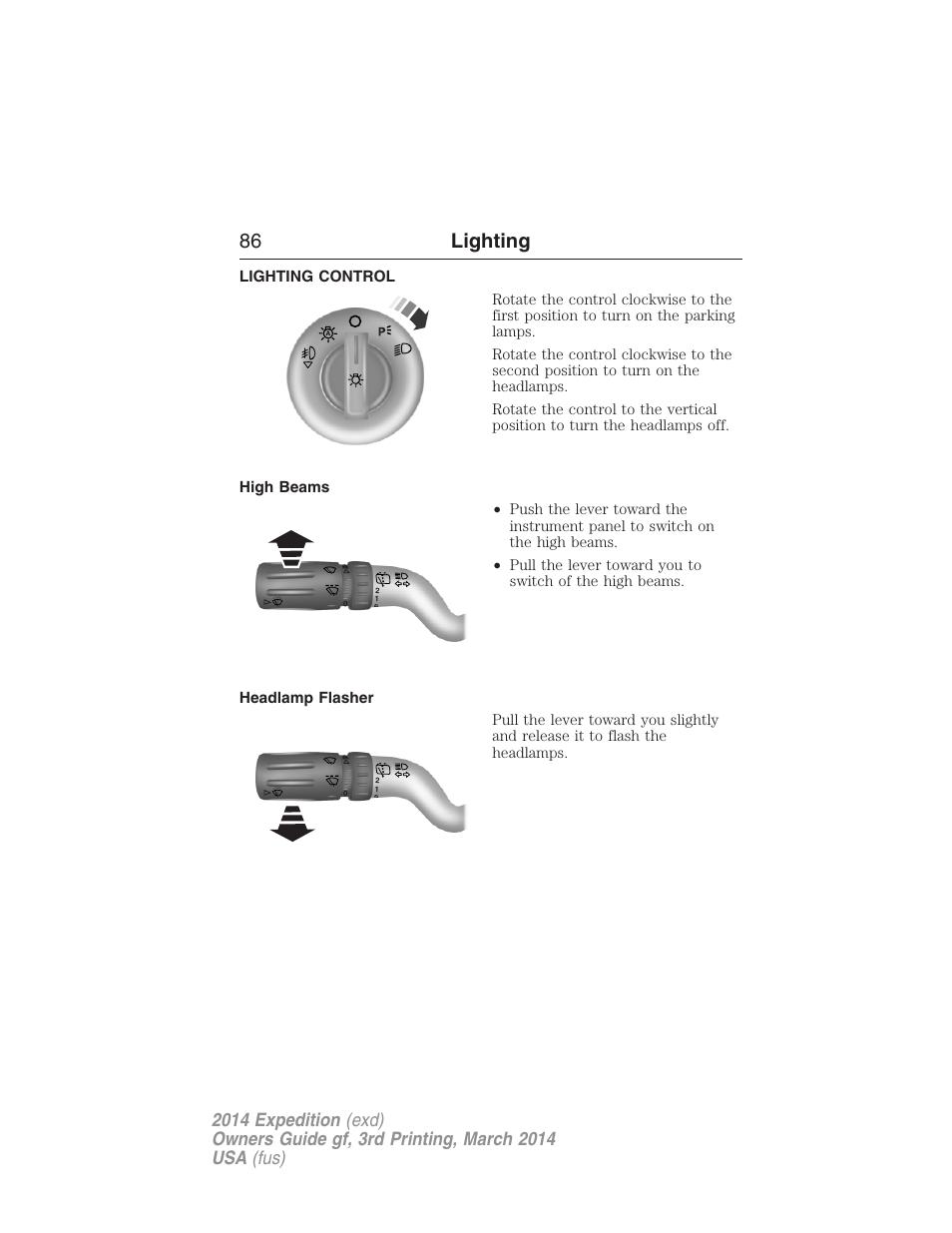 Lighting, Lighting control, High beams | Headlamp flasher, 86 lighting | FORD 2014 Expedition v.3 User Manual | Page 87 / 520