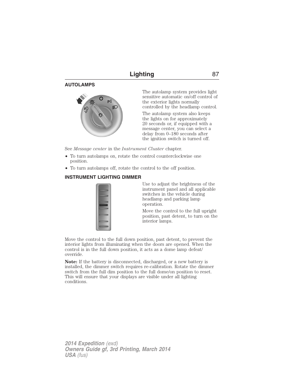Autolamps, Instrument lighting dimmer, Lighting 87 | FORD 2014 Expedition v.3 User Manual | Page 88 / 520