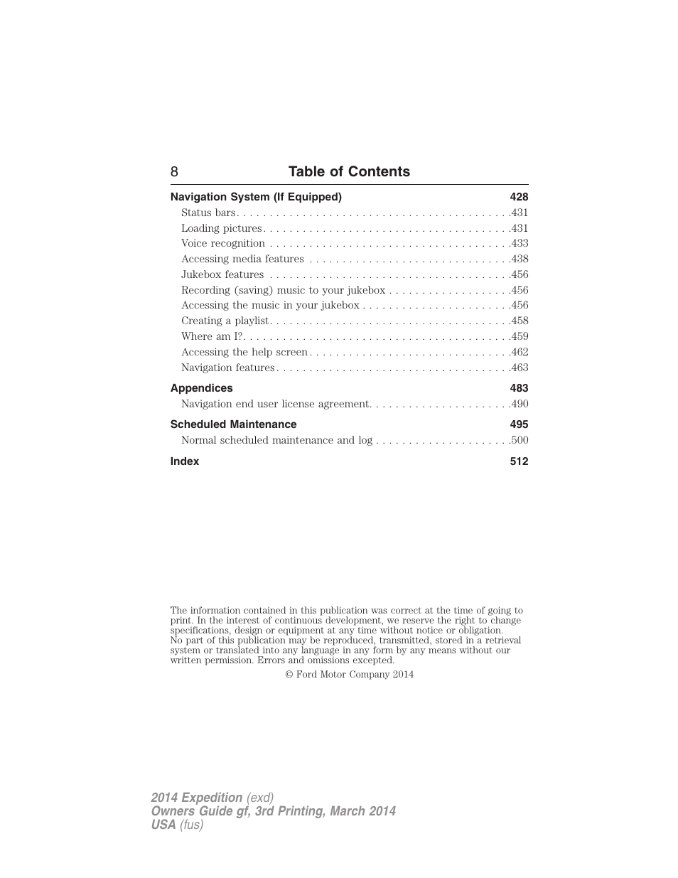8table of contents | FORD 2014 Expedition v.3 User Manual | Page 9 / 520