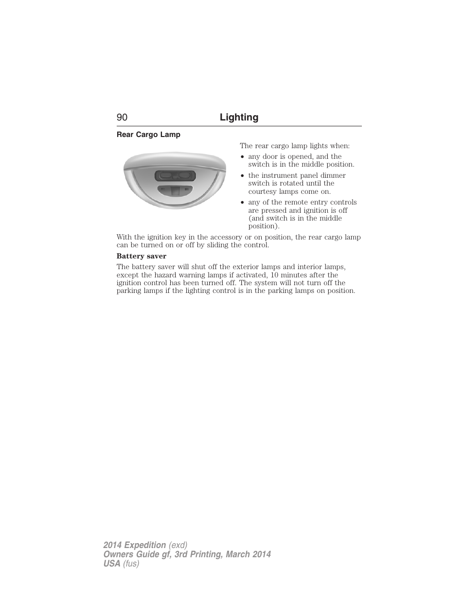 Rear cargo lamp, 90 lighting | FORD 2014 Expedition v.3 User Manual | Page 91 / 520