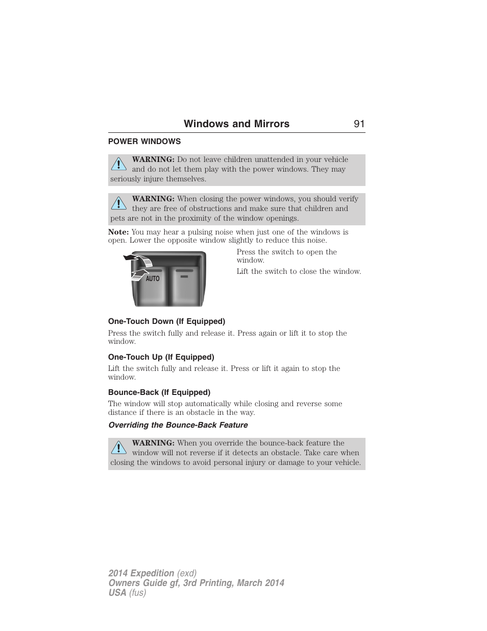 Windows and mirrors, Power windows, One-touch down (if equipped) | One-touch up (if equipped), Bounce-back (if equipped), Overriding the bounce-back feature, Windows and mirrors 91 | FORD 2014 Expedition v.3 User Manual | Page 92 / 520