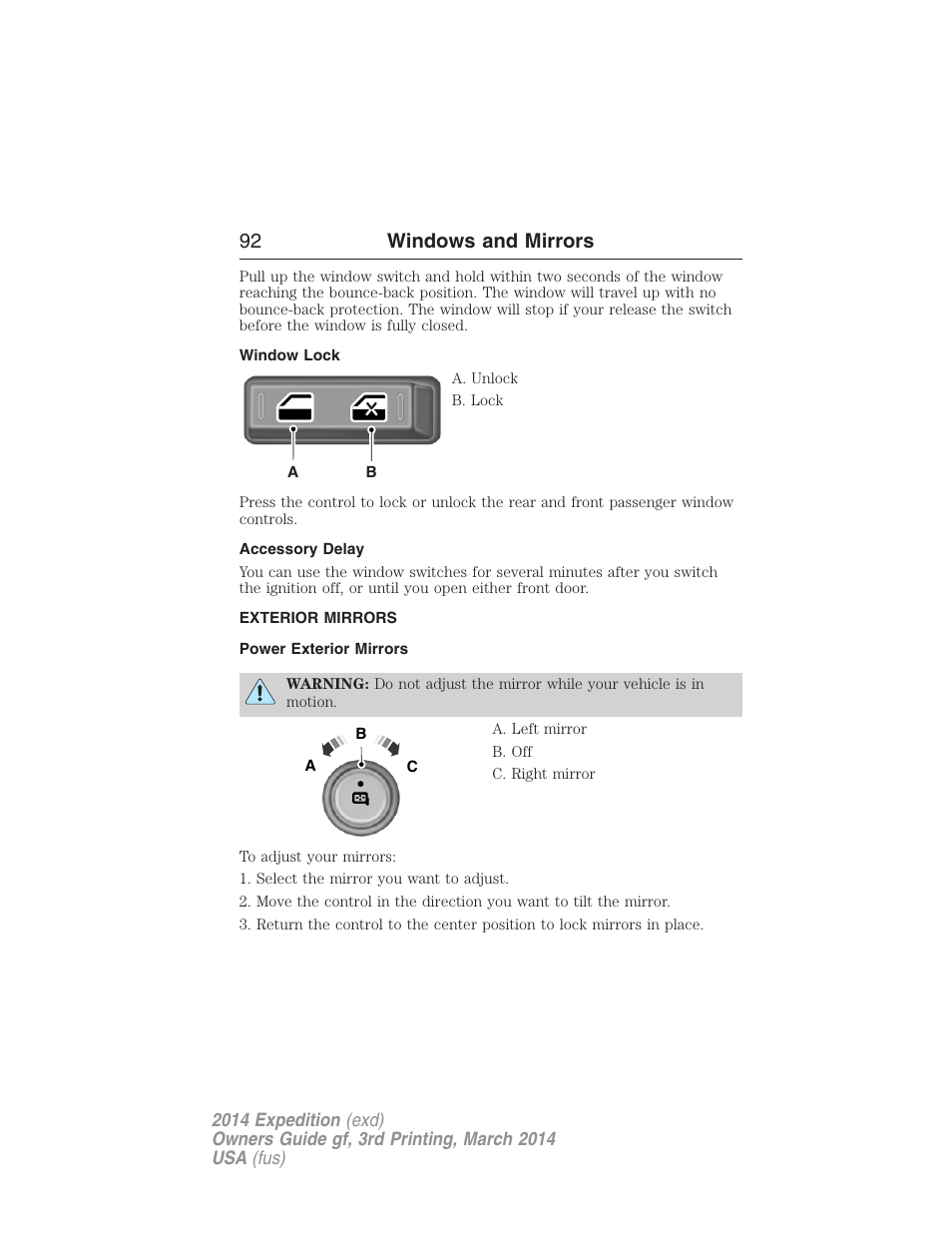 Window lock, Accessory delay, Exterior mirrors | Power exterior mirrors, 92 windows and mirrors | FORD 2014 Expedition v.3 User Manual | Page 93 / 520