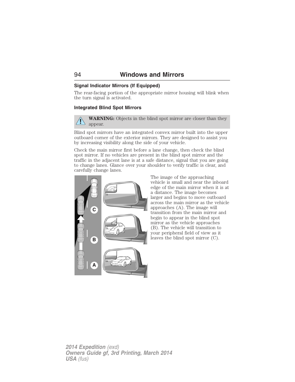 Signal indicator mirrors (if equipped), Integrated blind spot mirrors, 94 windows and mirrors | FORD 2014 Expedition v.3 User Manual | Page 95 / 520