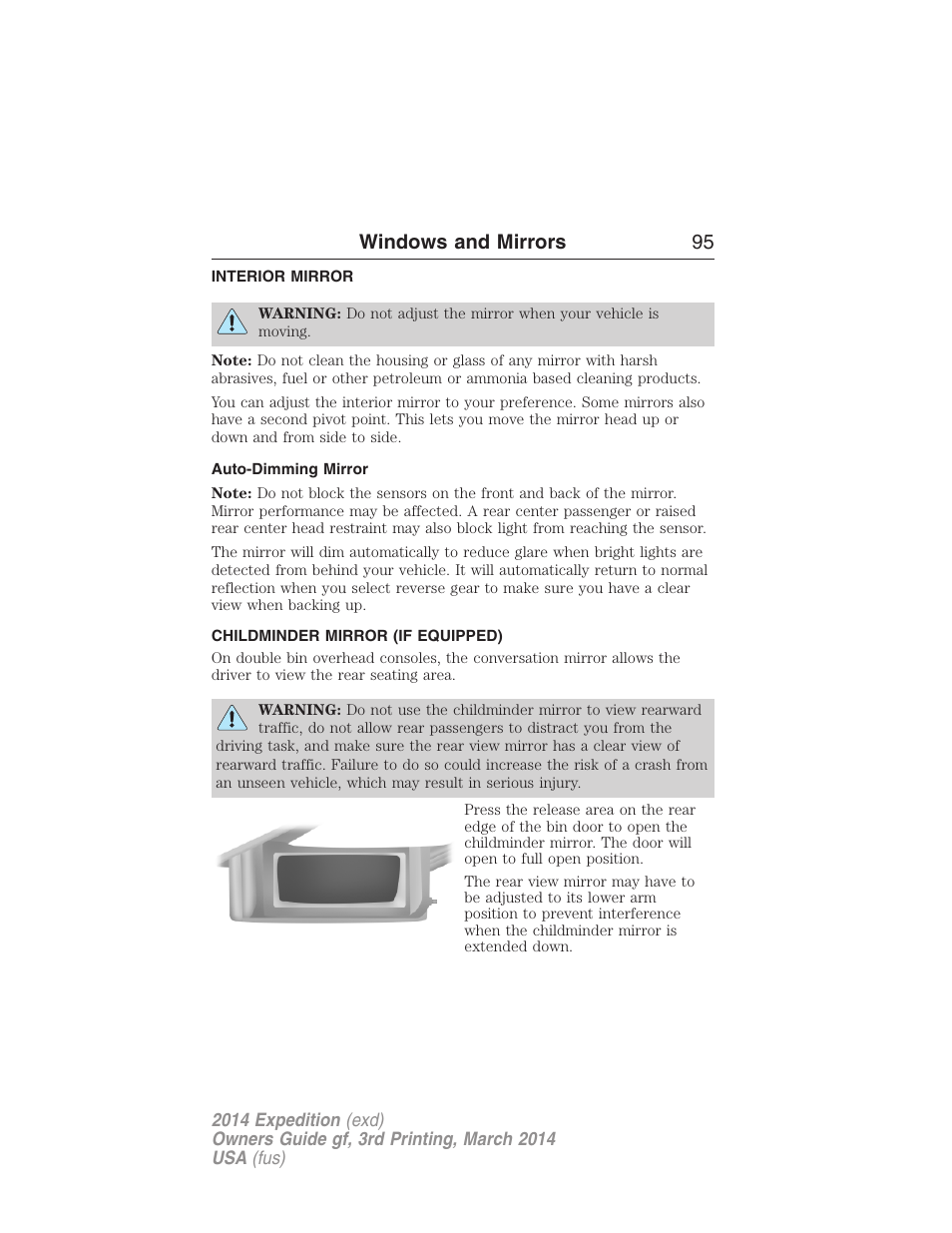 Interior mirror, Auto-dimming mirror, Childminder mirror (if equipped) | Interior mirrors, Windows and mirrors 95 | FORD 2014 Expedition v.3 User Manual | Page 96 / 520