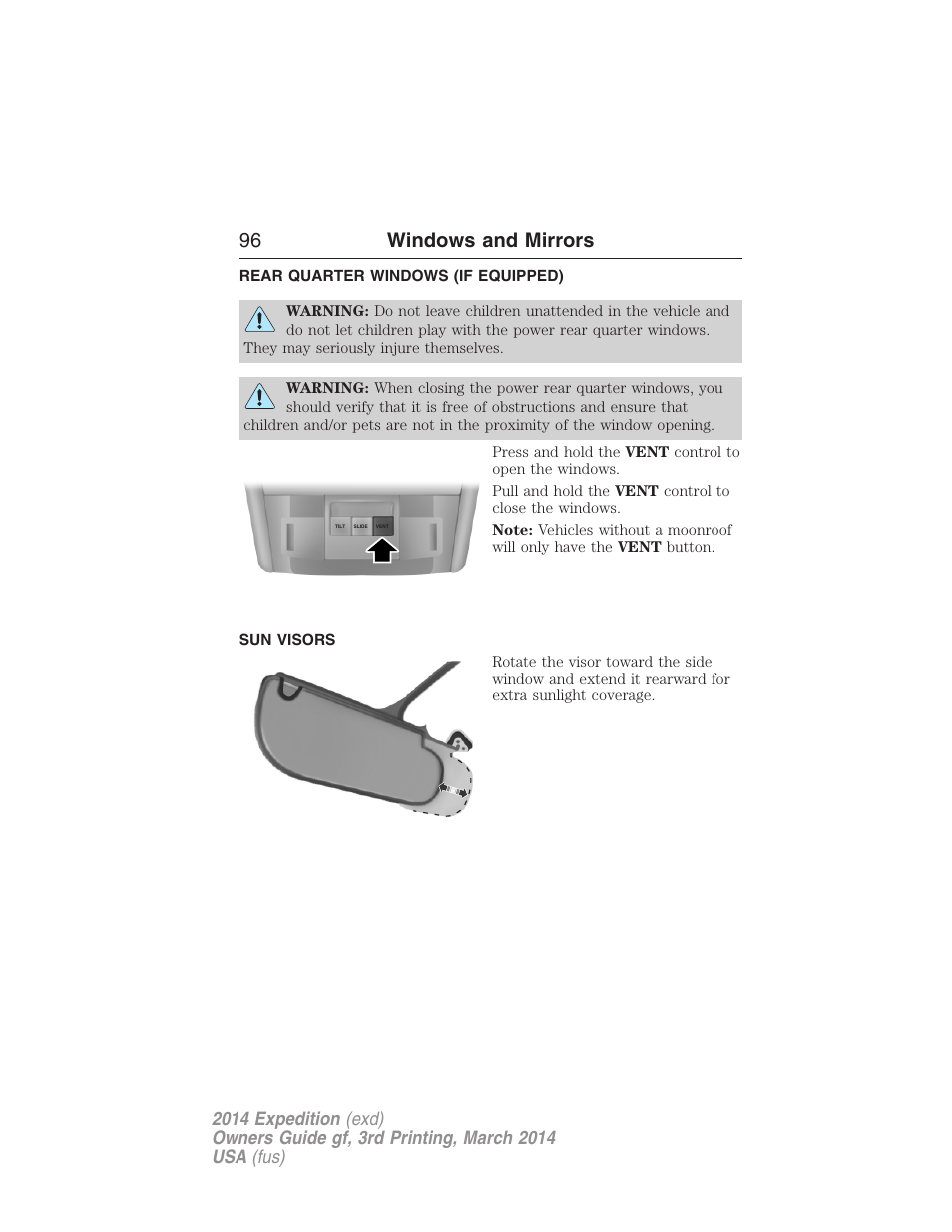 Rear quarter windows (if equipped), Sun visors, 96 windows and mirrors | FORD 2014 Expedition v.3 User Manual | Page 97 / 520