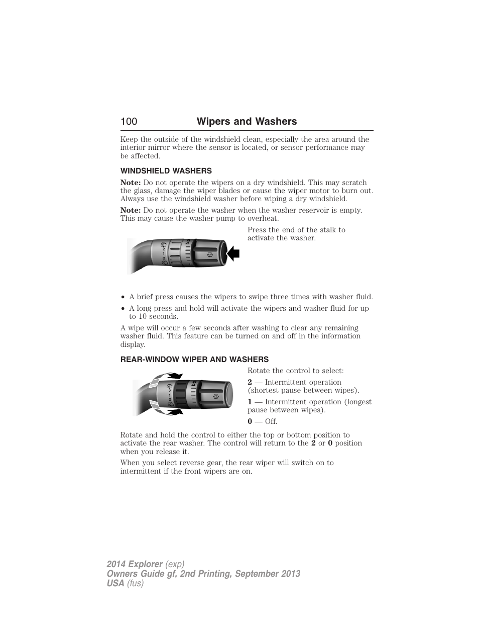 Windshield washers, Rear-window wiper and washers, Rear-window wiper and washer | 100 wipers and washers | FORD 2014 Explorer v.2 User Manual | Page 102 / 593