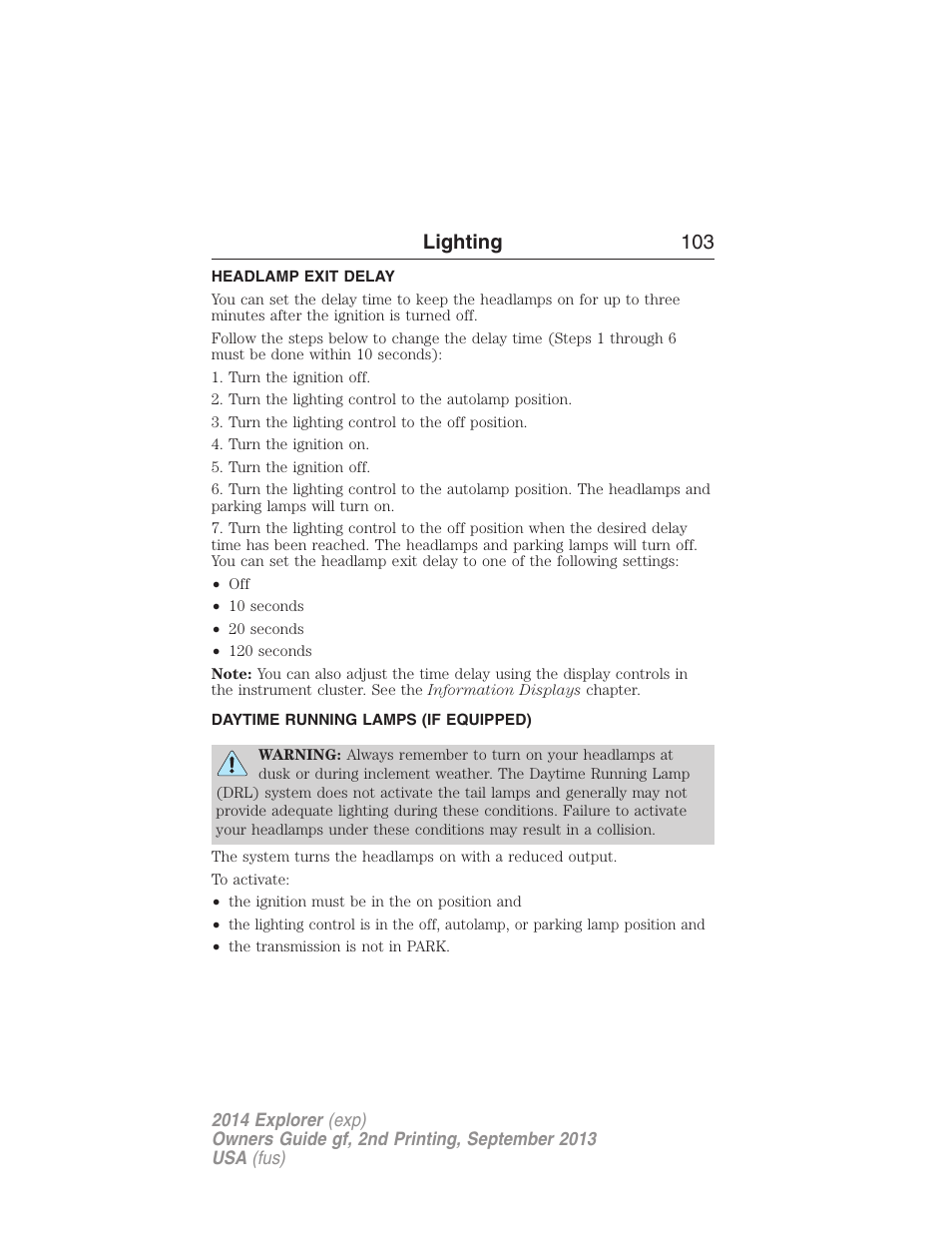 Headlamp exit delay, Daytime running lamps (if equipped), Daytime running lamps | Lighting 103 | FORD 2014 Explorer v.2 User Manual | Page 105 / 593