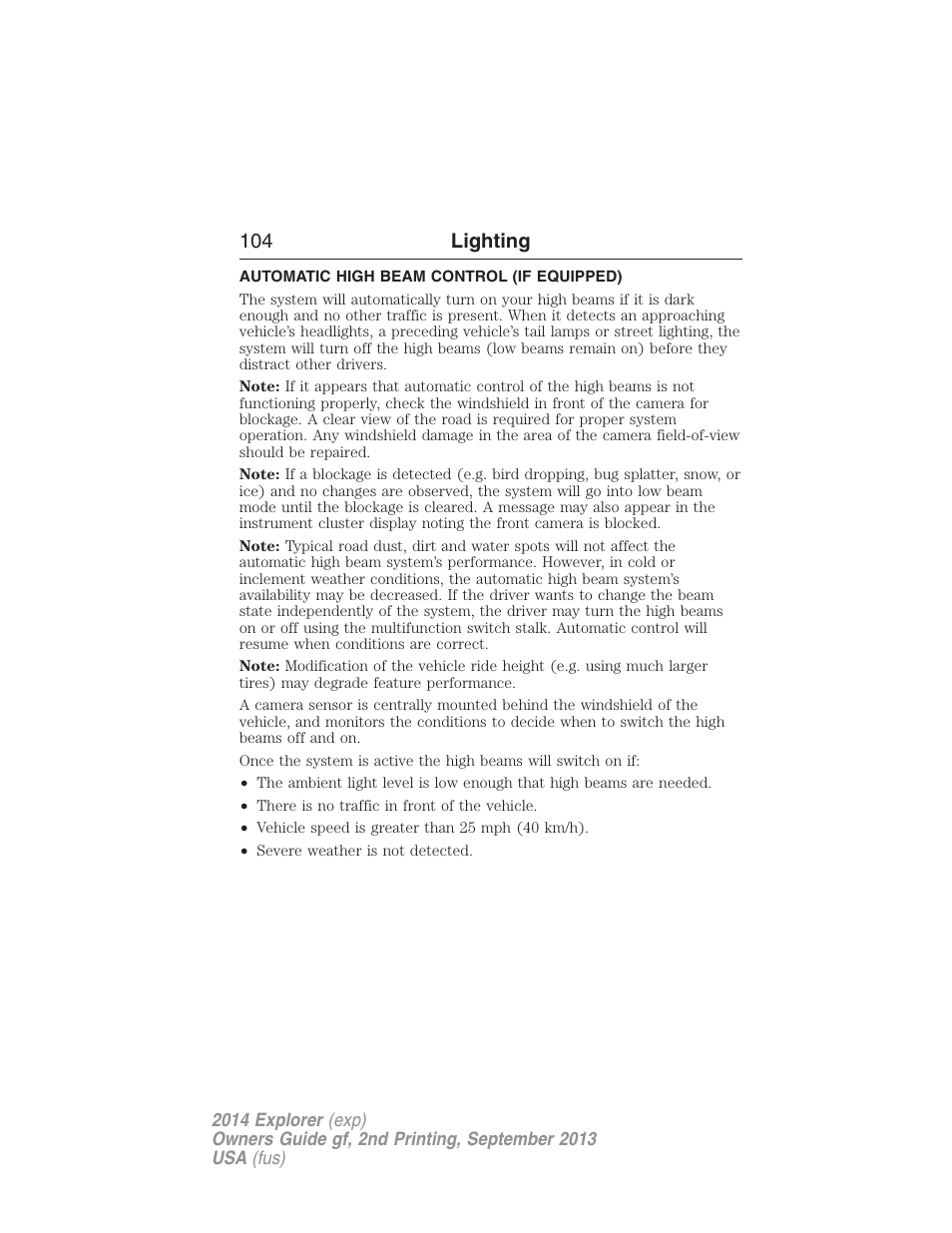 Automatic high beam control (if equipped), Automatic high beam control, 104 lighting | FORD 2014 Explorer v.2 User Manual | Page 106 / 593