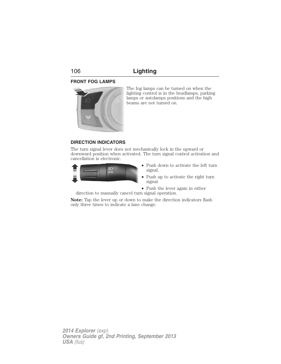 Front fog lamps, Direction indicators, 106 lighting | FORD 2014 Explorer v.2 User Manual | Page 108 / 593
